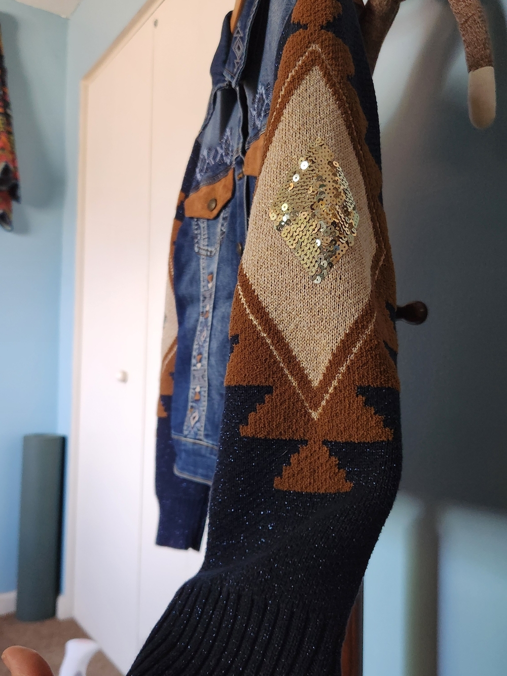 Reba Denim Jacket with Knit Sleeves - Blue & Brown - Picture 4 of 5